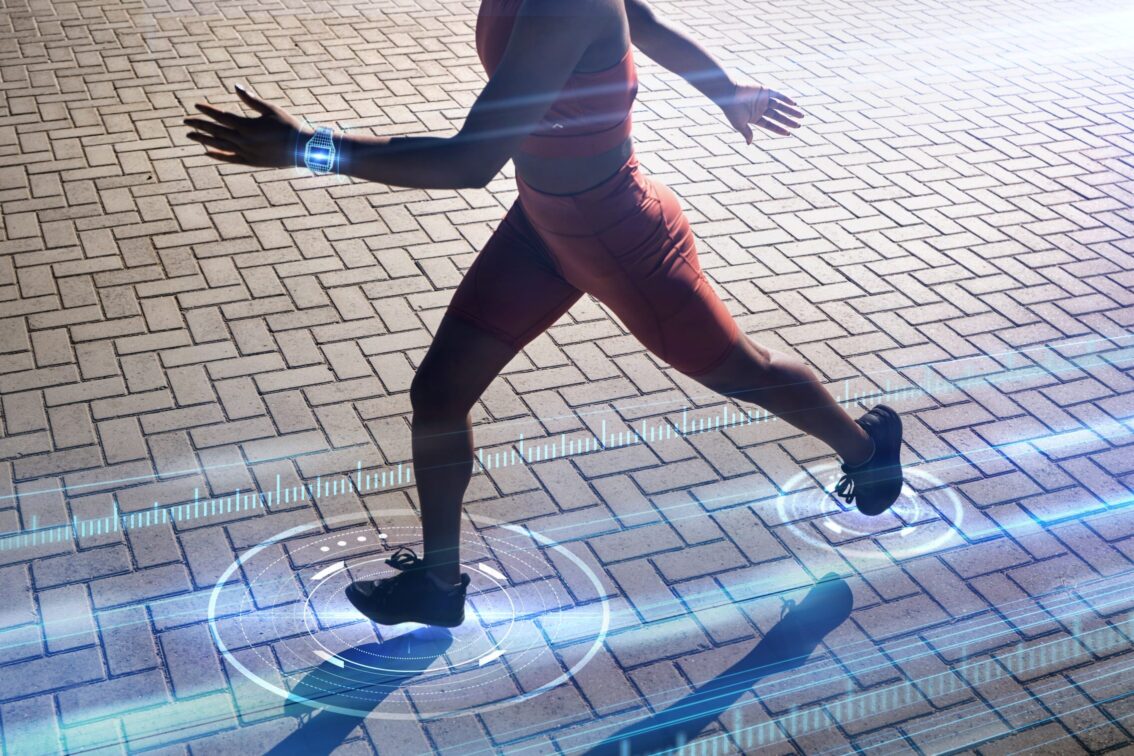 Woman,,Running,Or,Futuristic,Fitness,Tracking,With,Smart,Watch,Technology